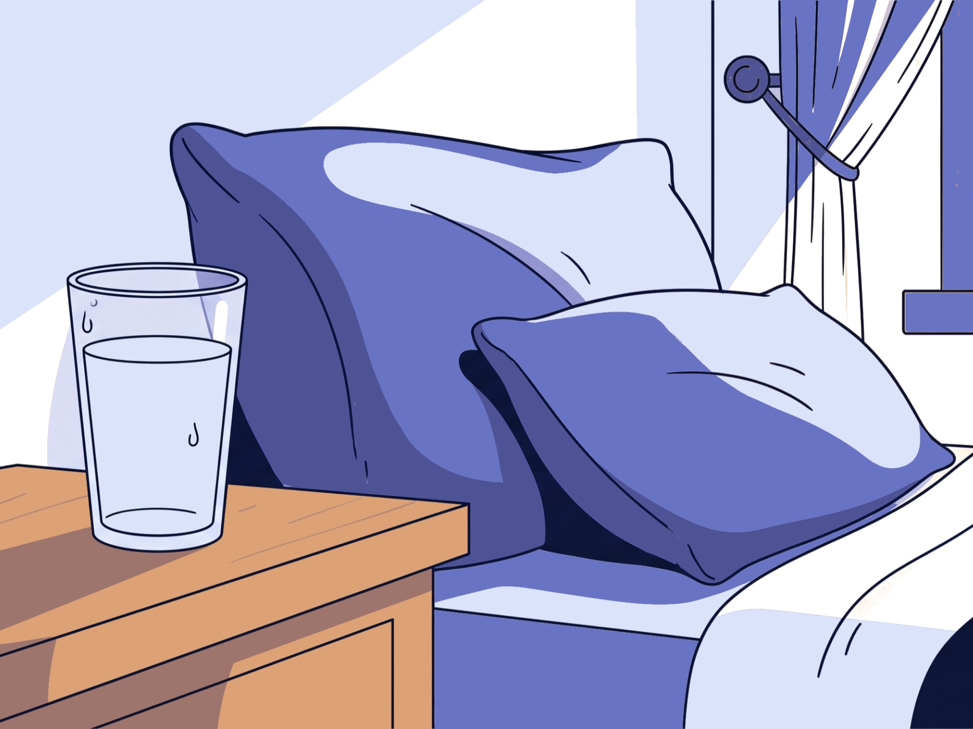Glass of water on a nightstand next to a pillow, morning light.