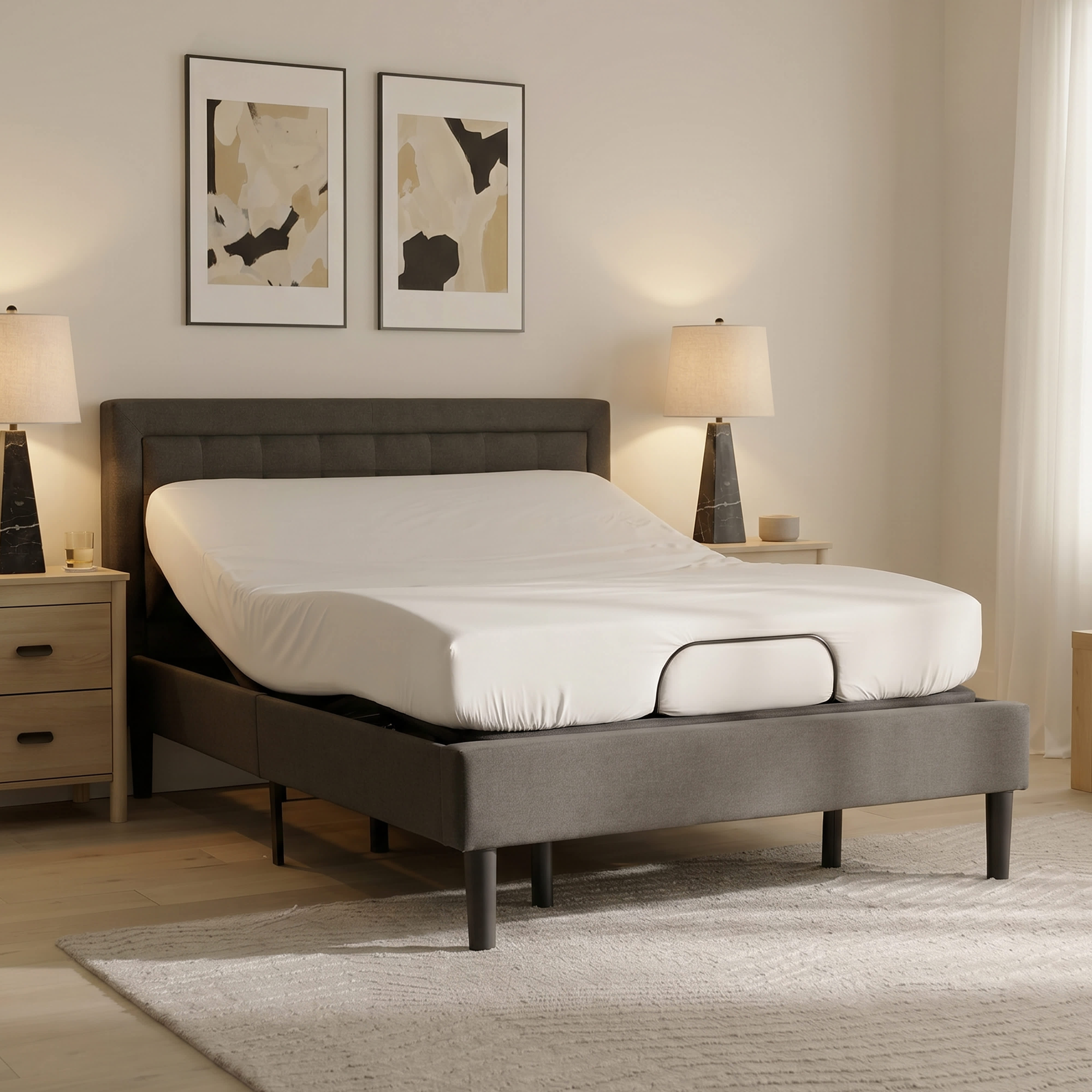 grey bed frame with elevated adjustable base 
