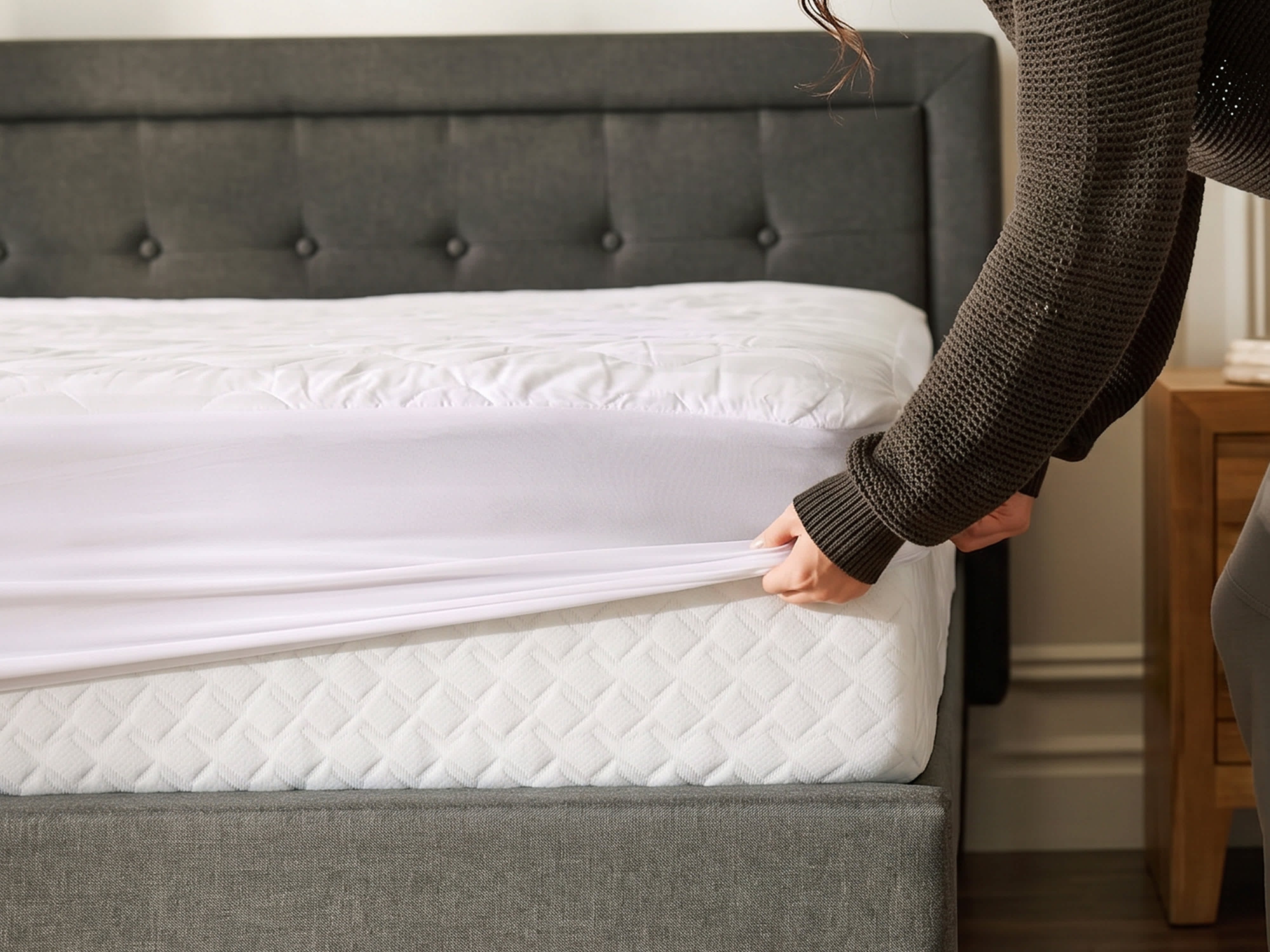 woman putting a mattress protector on a mattress