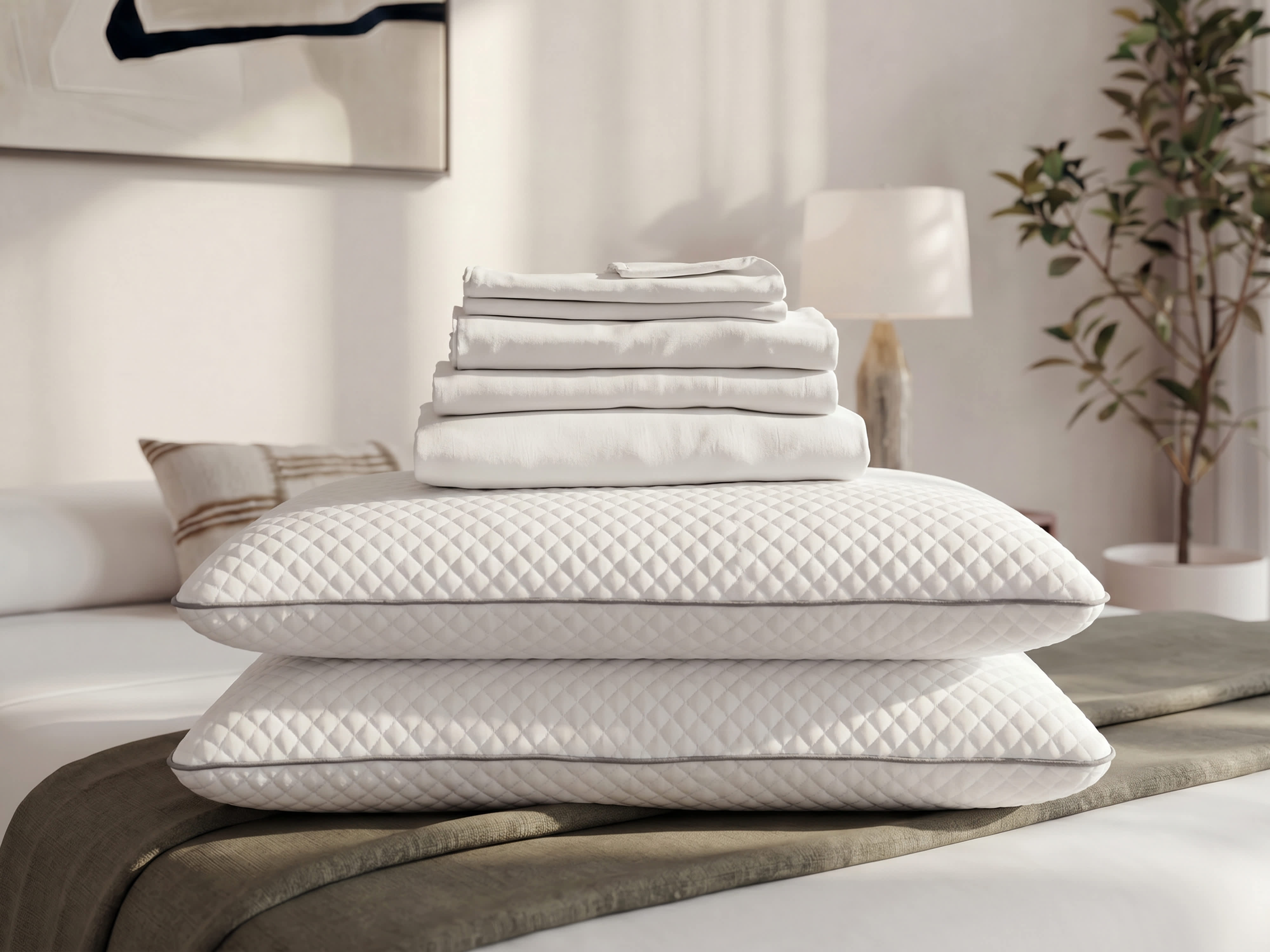 The Serenity Sleep Bundle features two stacked white quilted pillows and a pile of folded white sheets on a bed.