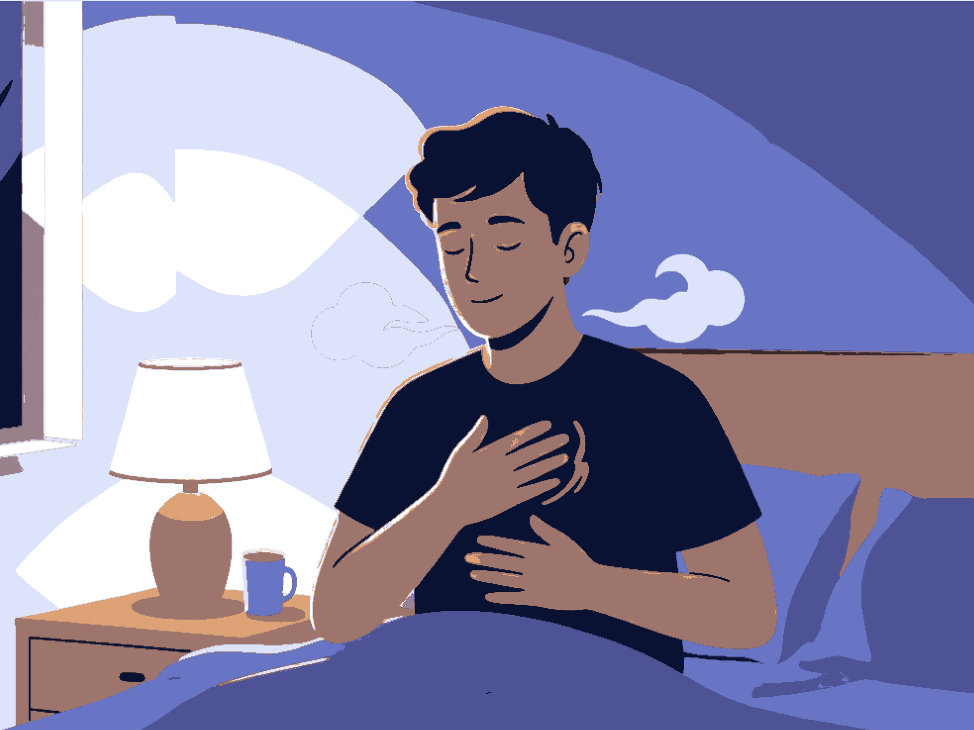 Person in dim bedroom doing breathing exercise — hands on chest, eyes closed, warm low lighting. Lifestyle.