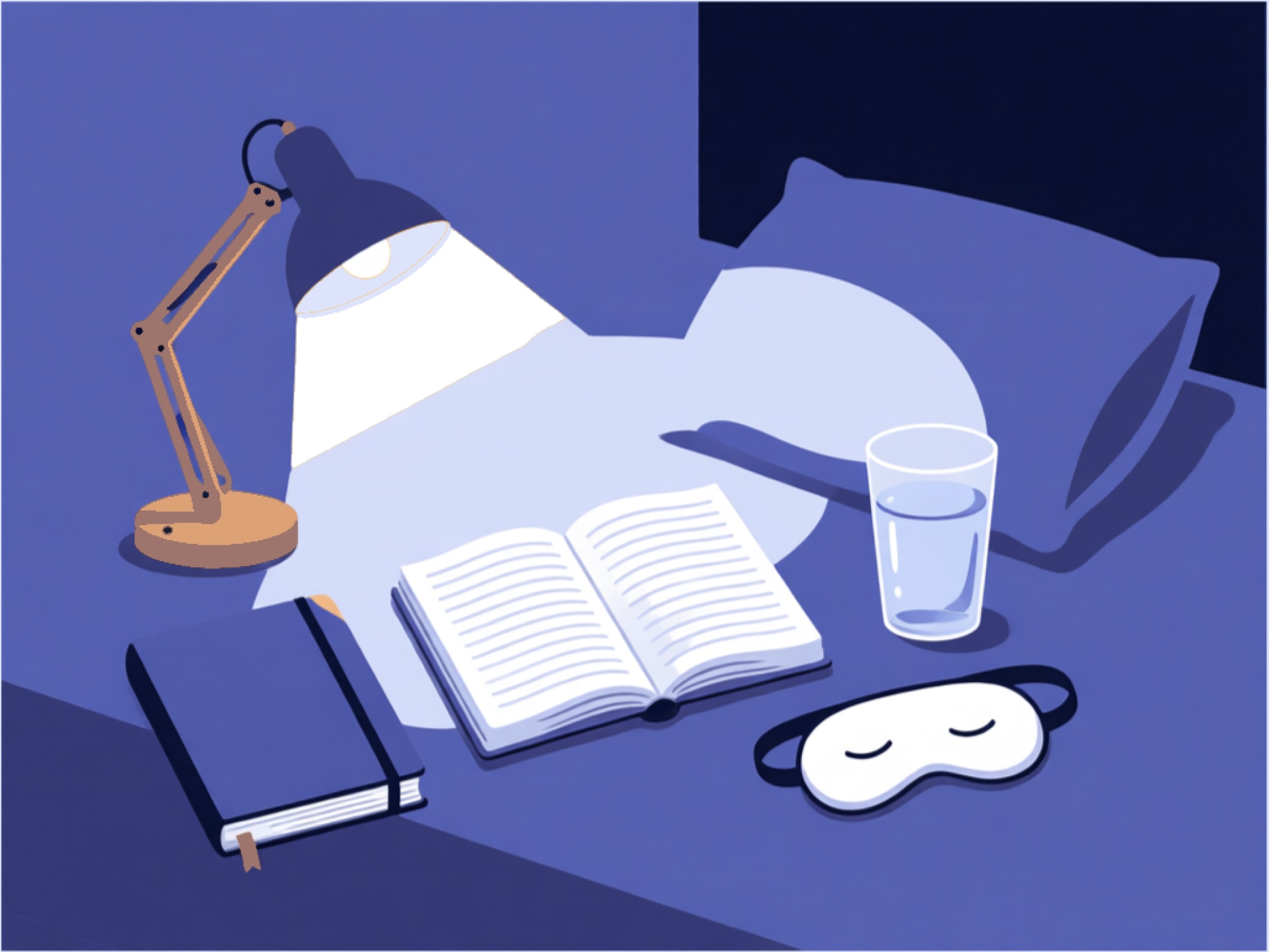 Overhead flat-lay of sleep environment essentials — dim lamp, journal, glass of water, sleep mask.