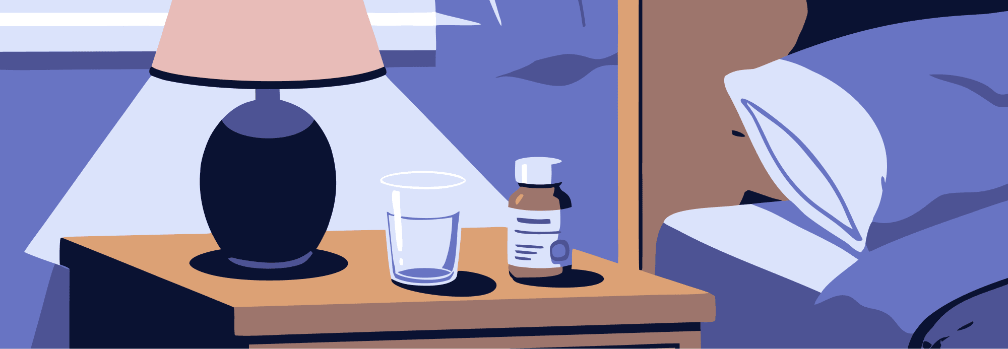Nightstand scene at night: glass of water, small supplement bottle, warm lamp. Quiet evening wind-down feel.