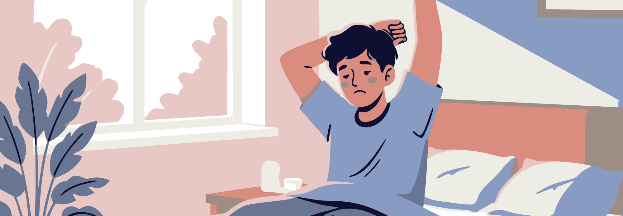 a person waking and stretching in a sunlit bedroom with a slightly tired expression — the "not quite rested" morning moment. 