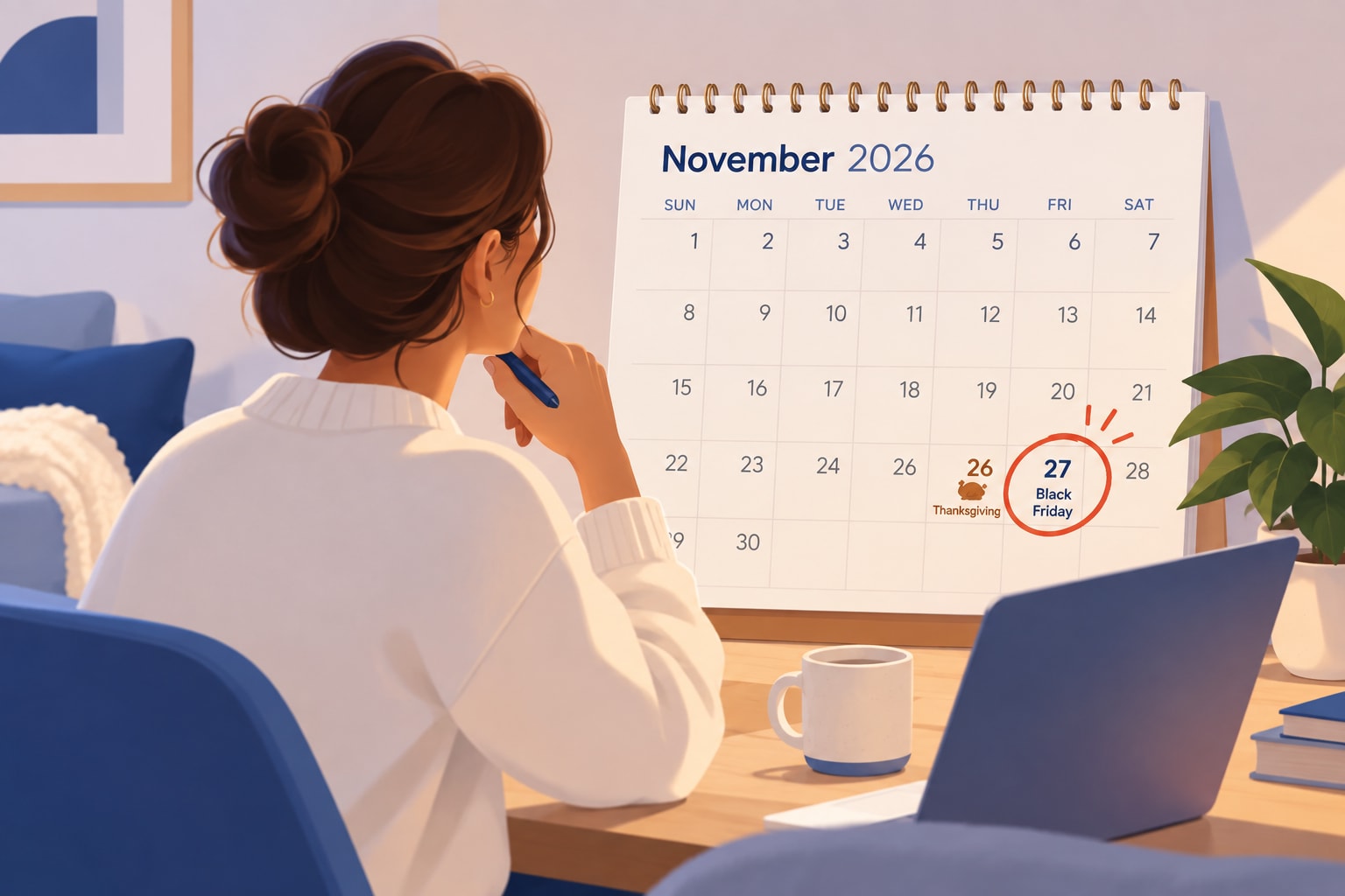 illustration of woman looking at calendar with Black Friday November 27 circled