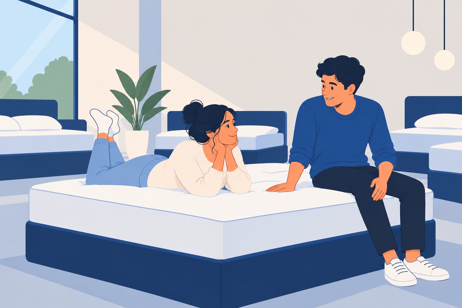 Illustration of a couple testing a mattress in a showroom