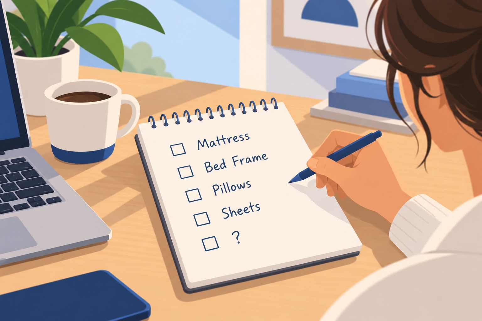 Illustration of person at a desk writing a bedroom shopping checklist on a notepad. The checklist includes mattress, bed frame, pillows, and sheets.
