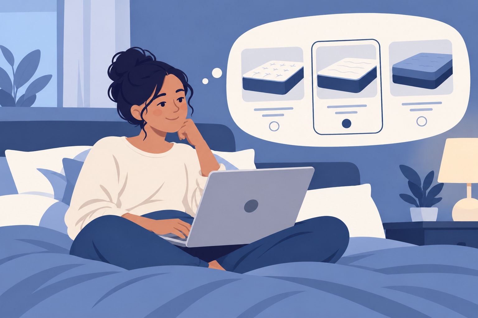 Illustration of a person in bed on laptop and thinking about which mattress to get.