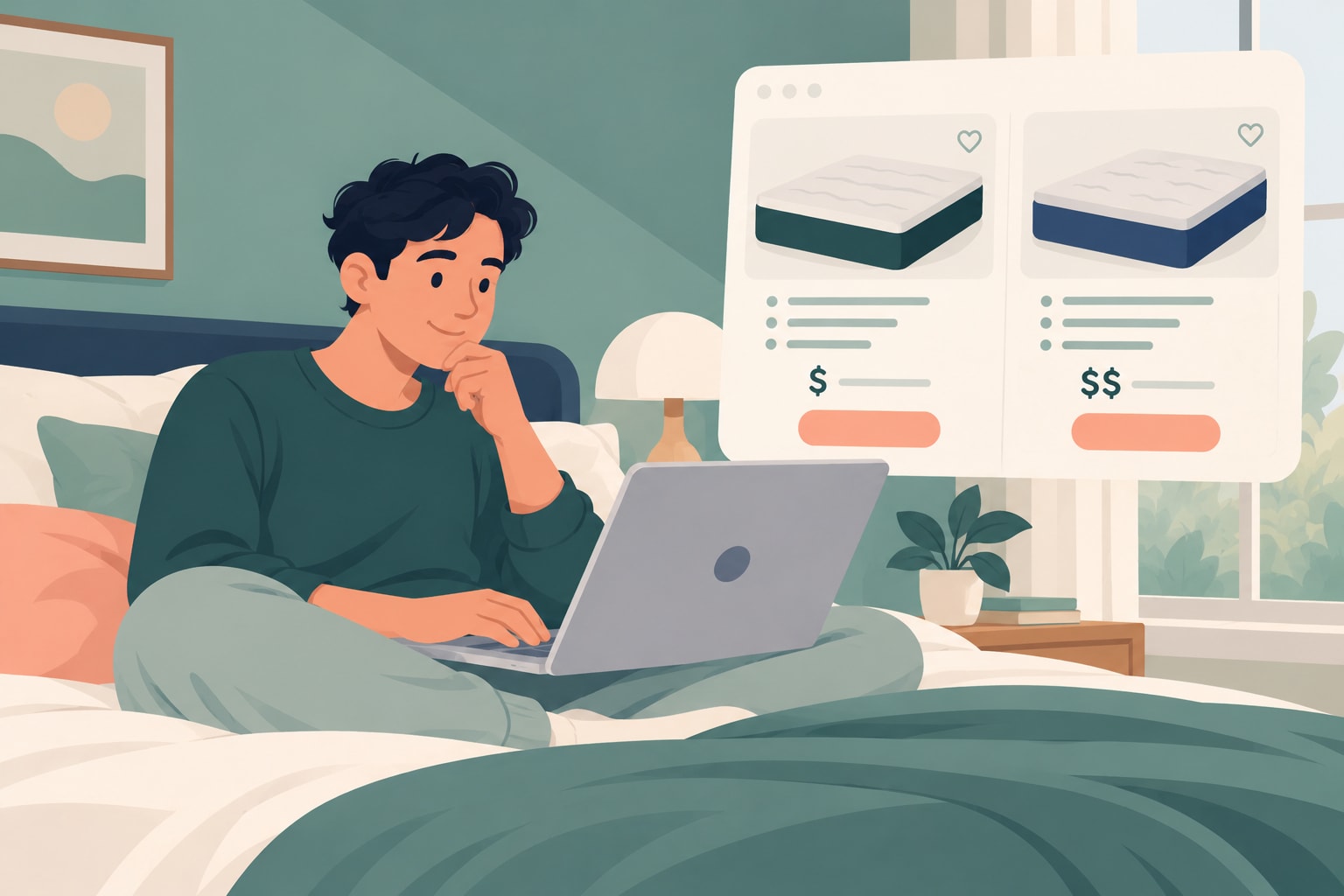 Illustration of a person in bed on laptop and thinking about which mattress to get. They are choosing between two options at different prices.
