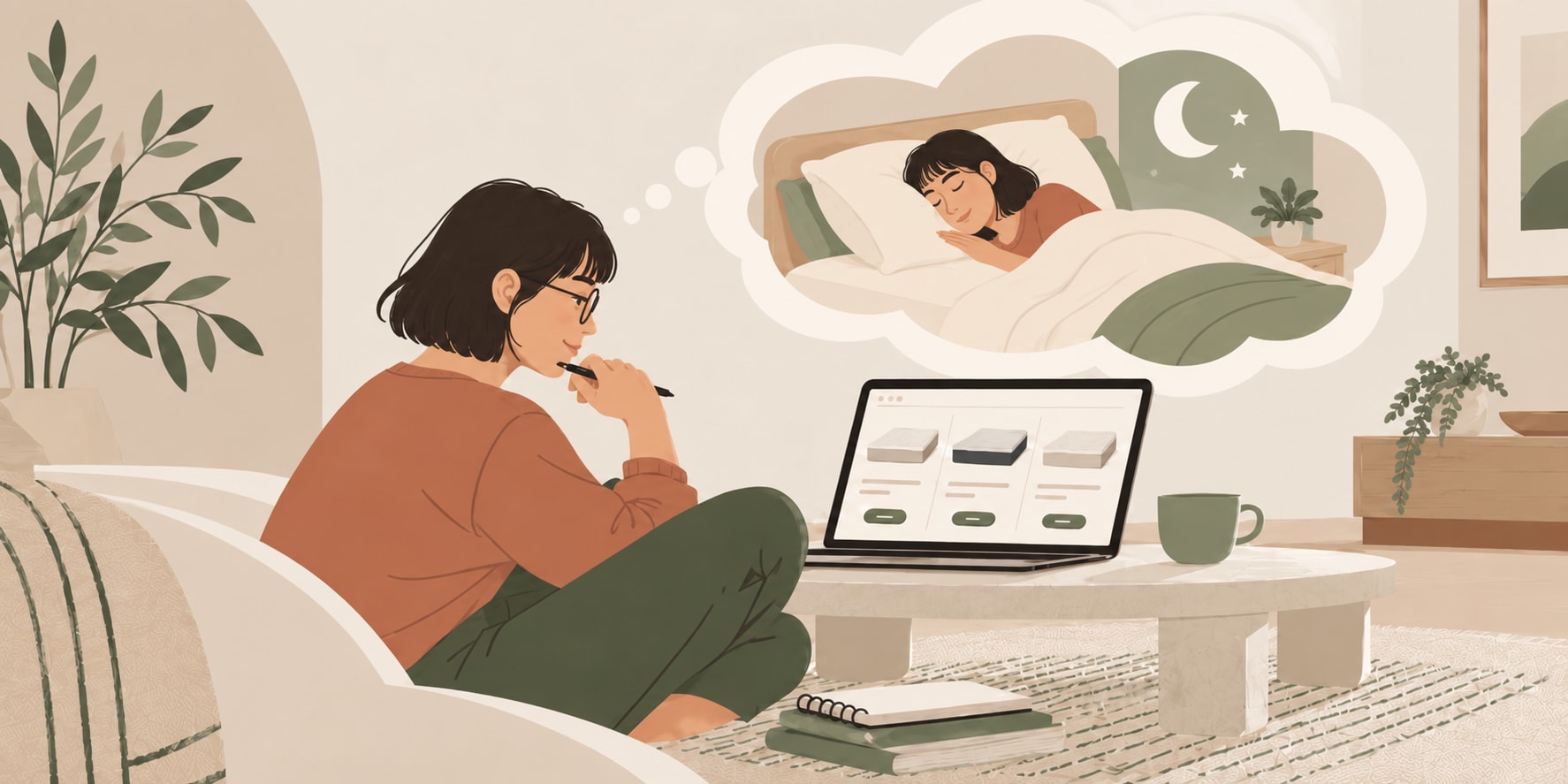 Illustration of a person doing online shopping on laptop for a mattress. In a thought bubble, they are thinking of a better sleep.