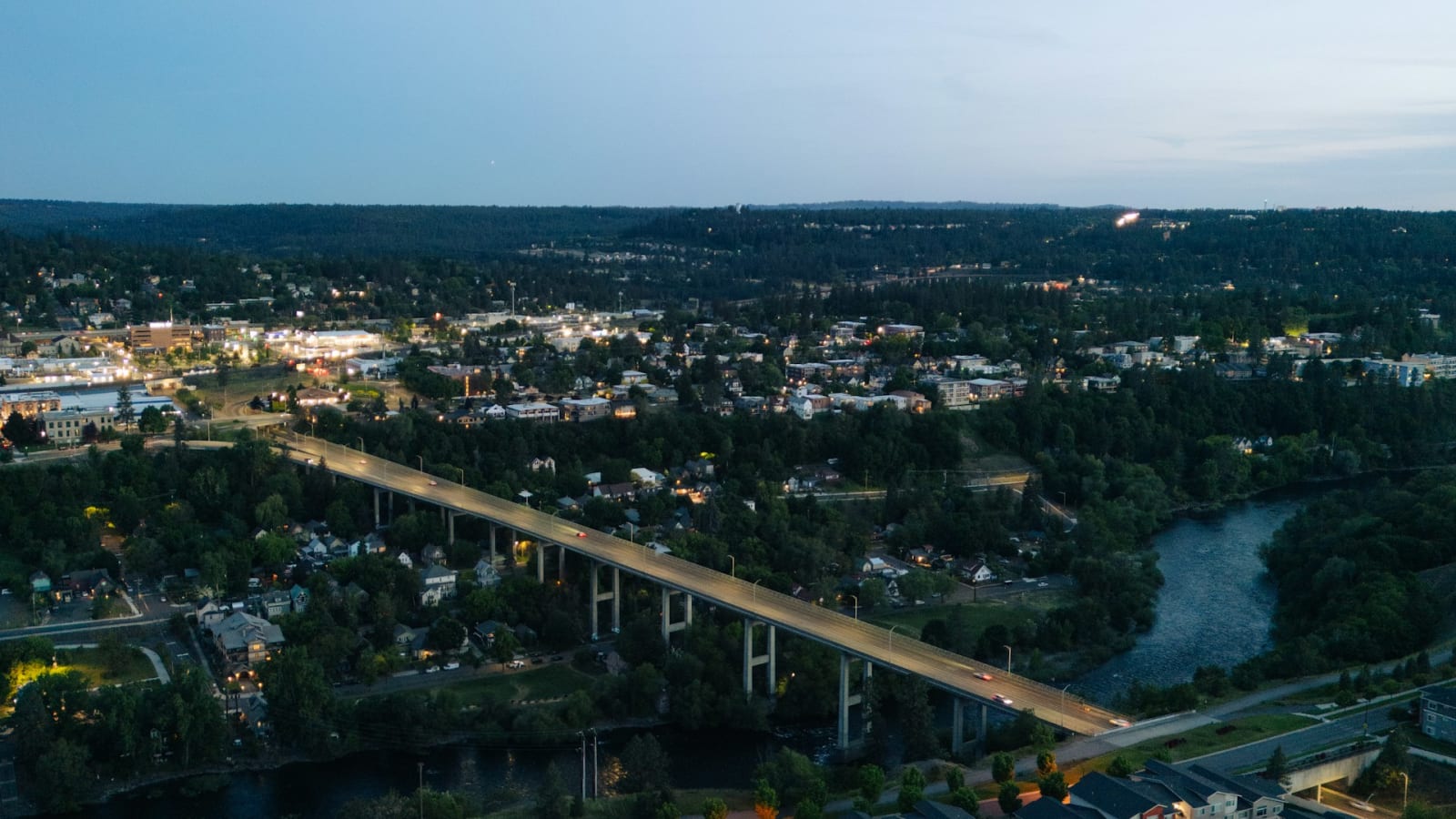Downtown Spokane and the river at night from the air