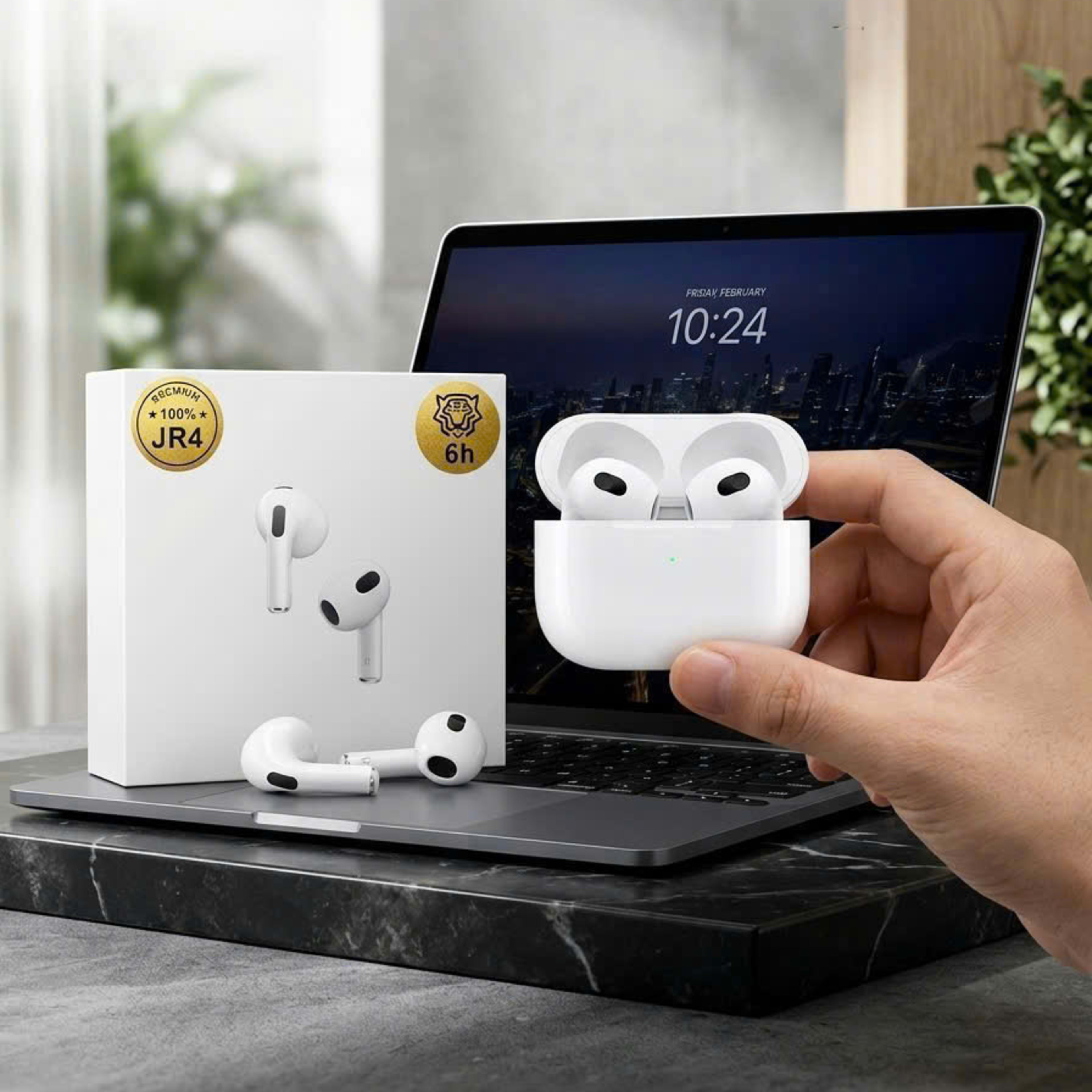 Tai nghe Airpods JR4 đầy đủ chức năng chip Jerry 6983D4 Touch Phiên bản Bluetooth : 5.4 [Gọi hai tai] Khoảng cách truyền Bluetooth: 10 - 15m