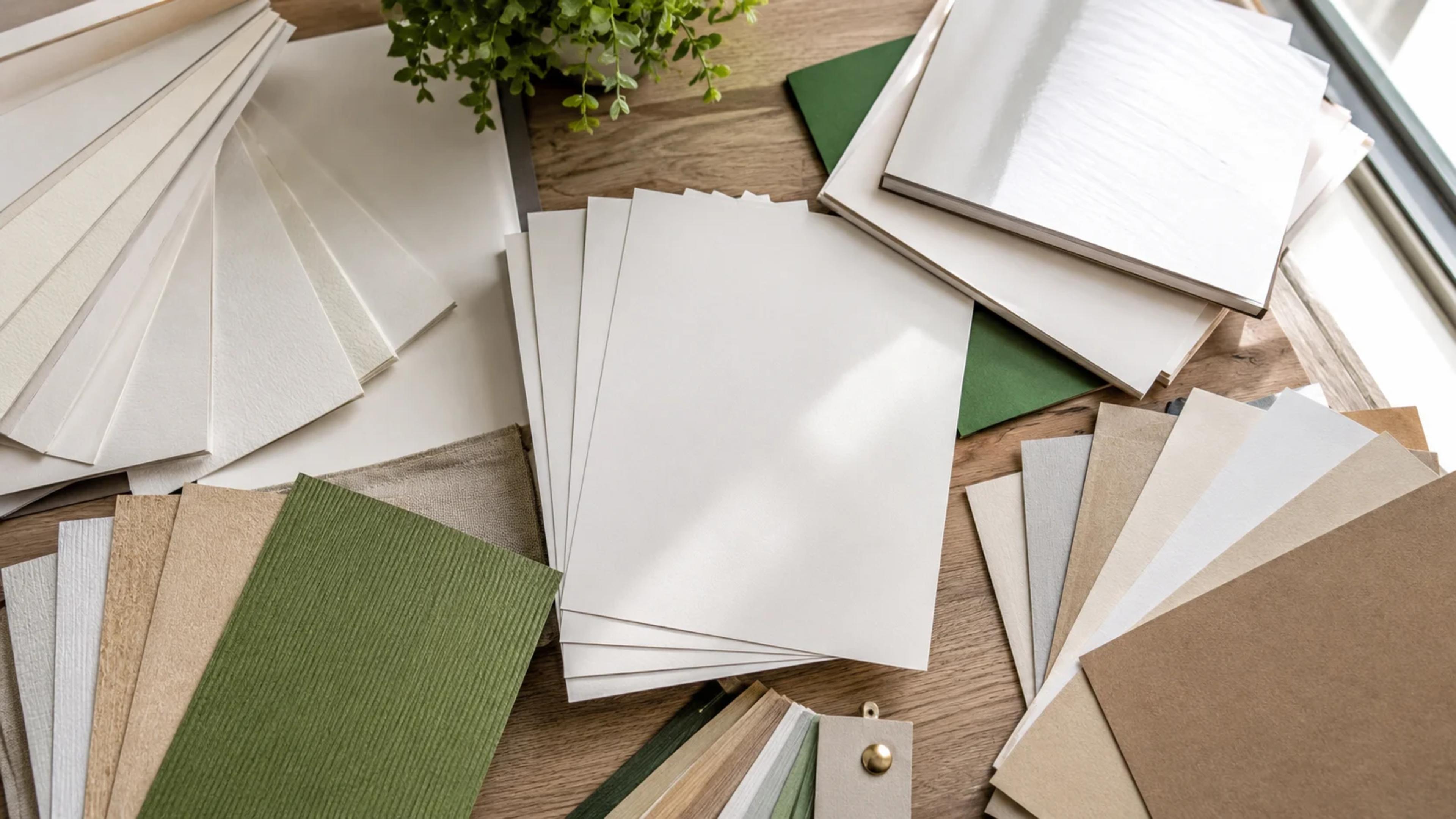 Overhead view of stacked paper samples in different textures and finishes on a print worktable