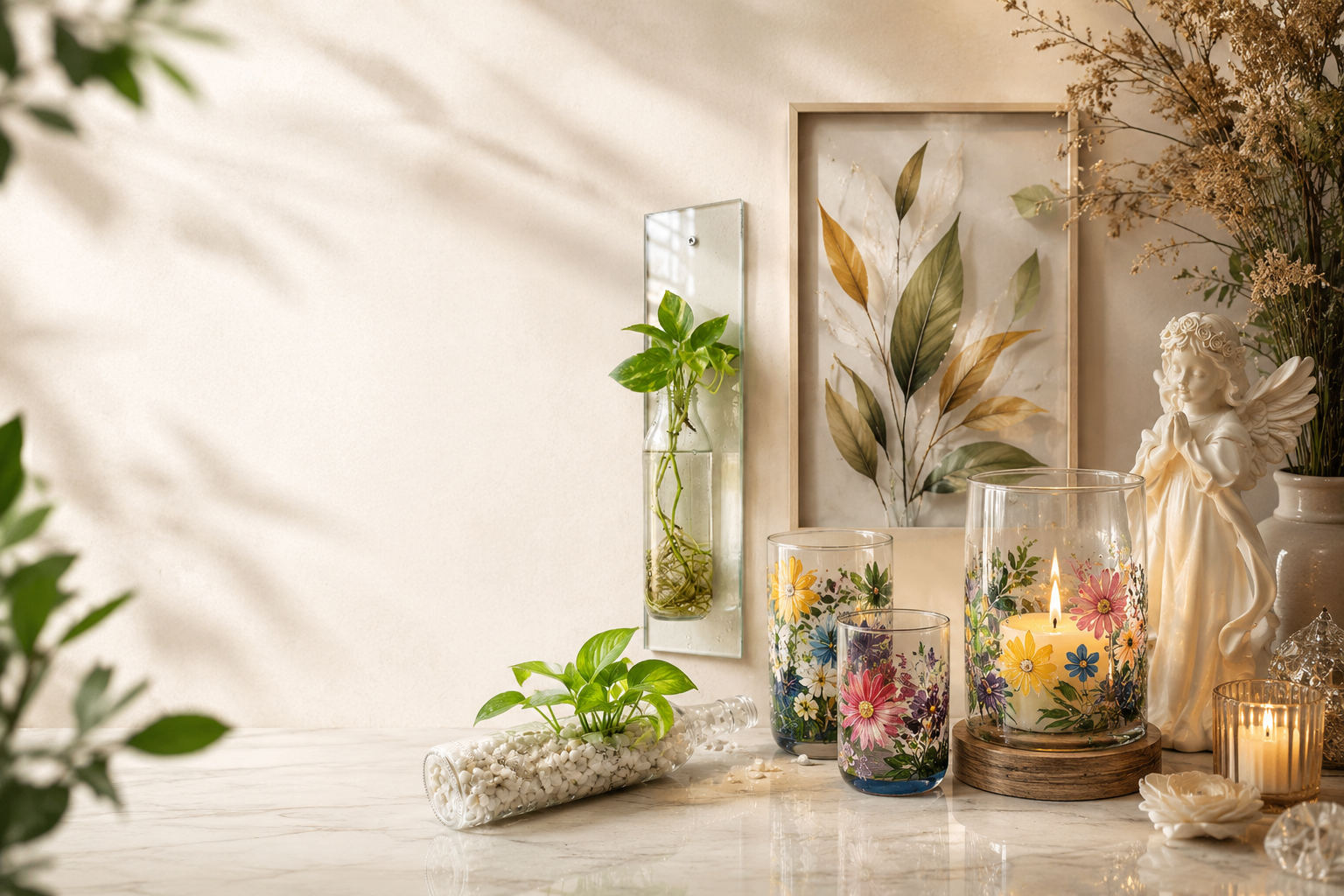 Handcrafted glass decor, candles and keepsakes