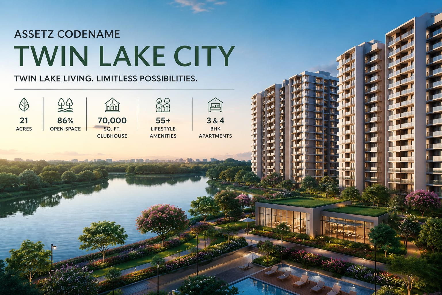 Assetz Codename Twin Lake City | 3 & 4 BHK Luxury Apartments | 70,000 Sq. Ft. Clubhouse in Kalkere / Hennur Road, Bangalore