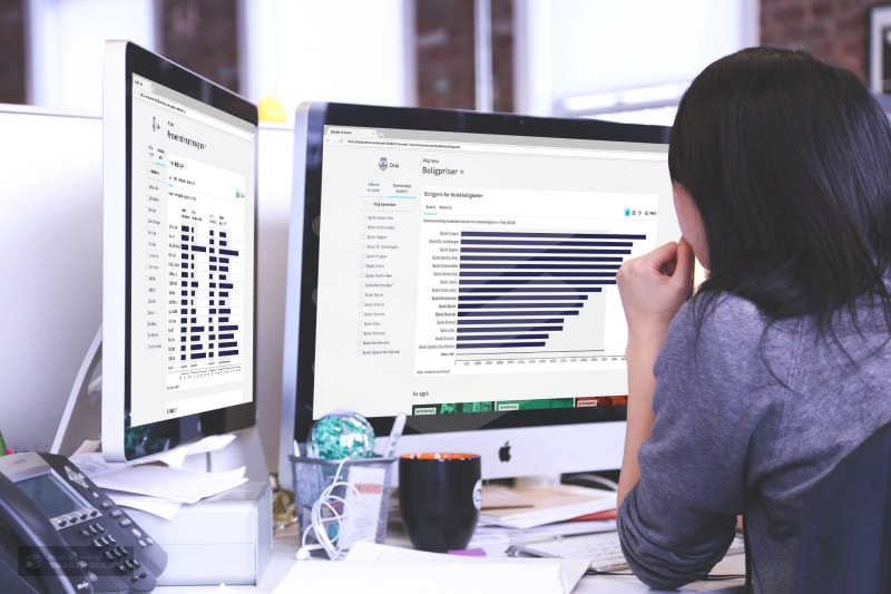 Woman using the Bydelsfakta web site on a computer