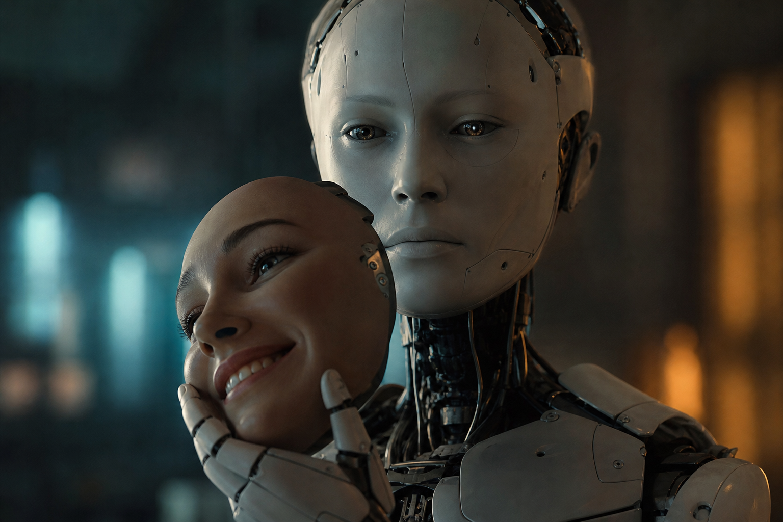 Un robot sostiene un rostro humano sonriente y muestra su cara impasible: alinear una máquina es enseñarle valores desde cero.