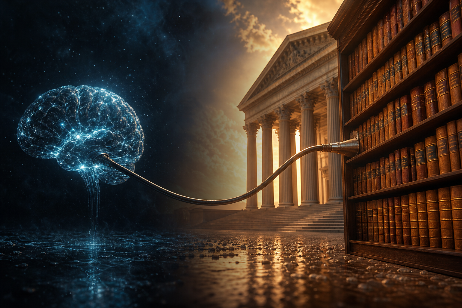 Un cerebro de IA conectado por un cable a la biblioteca jurídica oficial: dejar de tirar de memoria y enchufarse a la fuente real.