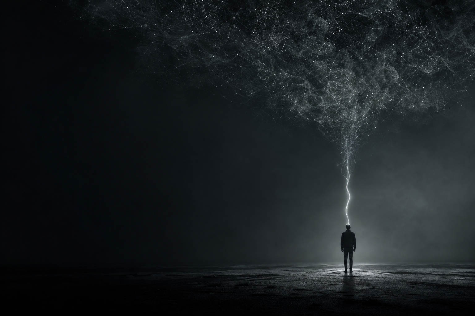 Silueta humana sobre un vacío oscuro cuya mente asciende como un fino hilo de luz hacia una vasta nube de datos