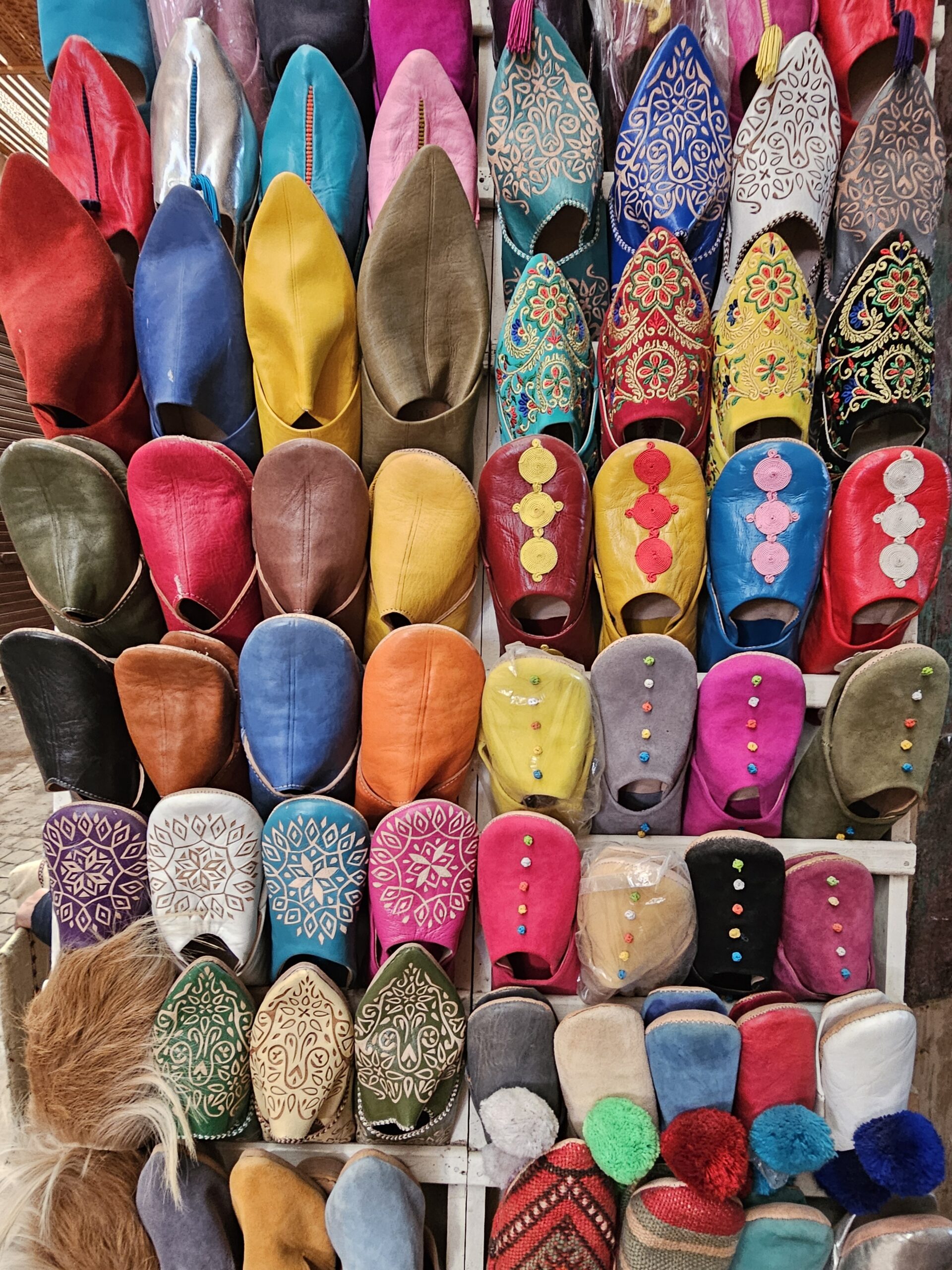 Traditional Moroccan leather slippers at the Jemma el-Fnaa market