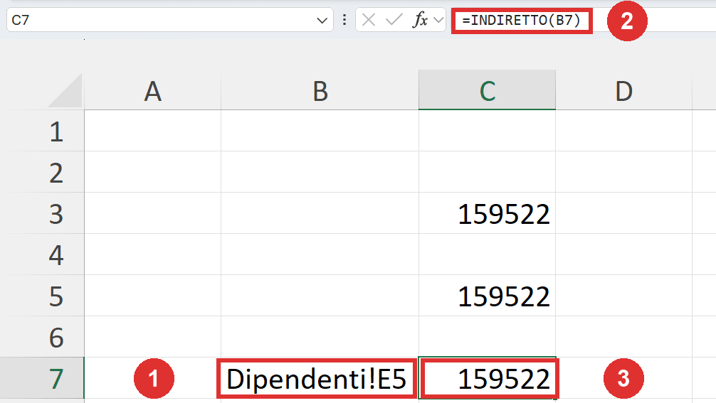 Nel foglio Foglio23 la cella B7 contiene il testo Dipendenti!E5 e C7 lo interpreta con la formula INDIRETTO.