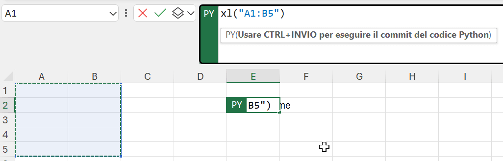 python in excel, selezione intervallo funzione xl()