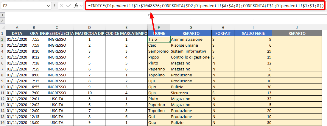 combo indice confronta in Excel