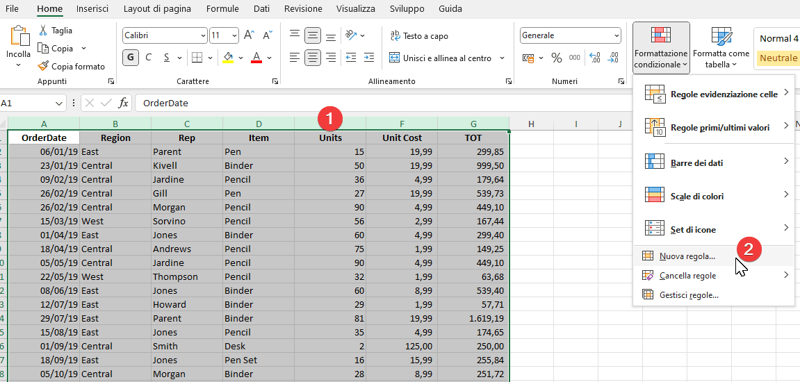 Menu per applicare la regola di formattazione condizionale avanzata in Excel