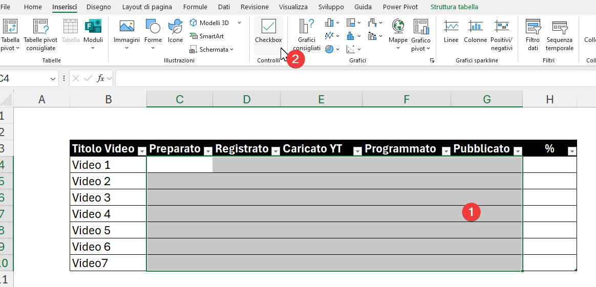 inserire più checkbox contemporaneamente excel 365