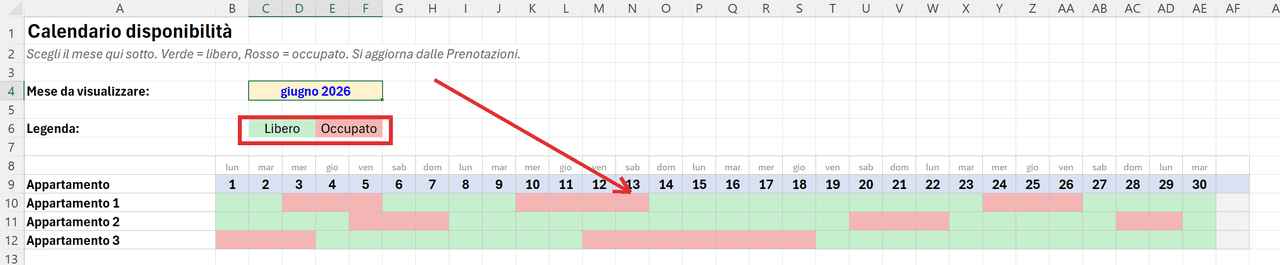 Calendario visivo creato da Claude in Excel con celle colorate per disponibilità e occupazione