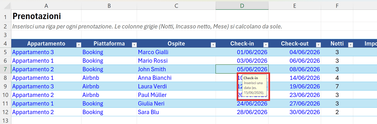 Convalida dati aggiunta da Claude alle colonne check-in e check-out in Excel