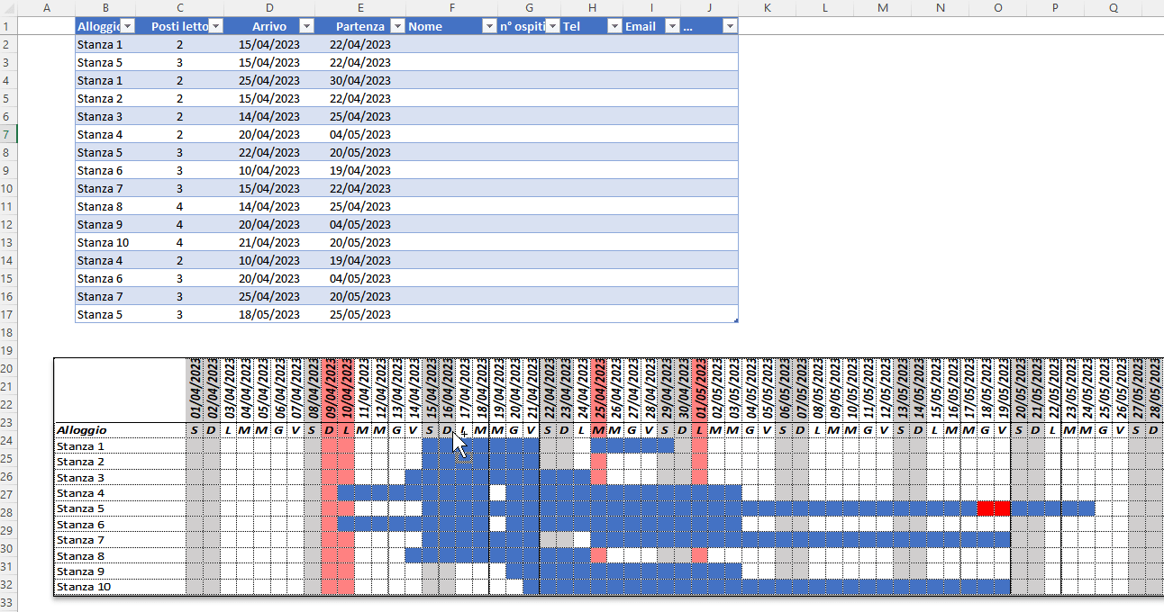 Calendario prenotazioni stanze in Excel