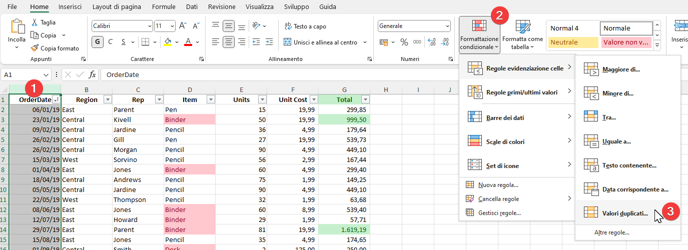 Menu formattazione condizionale Excel: valori duplicati.