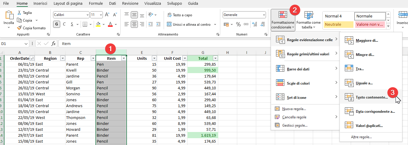 Menu formattazione condizionale Excel: regola testo contenente.