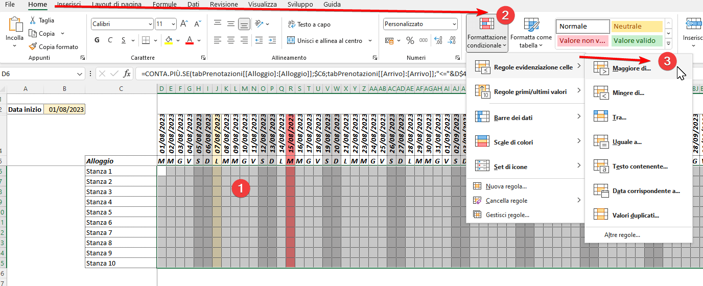 Evidenziare le date in overbooking con formattazione condizionale in Excel