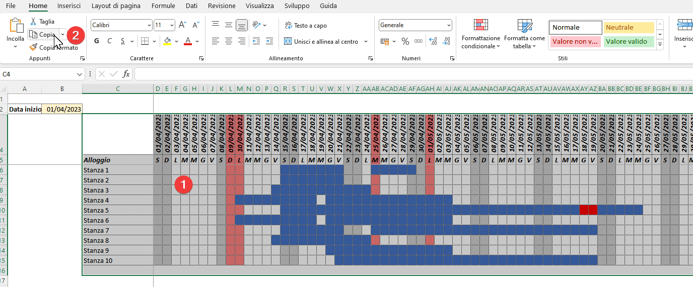 Copia intervallo celle contenente il calendario prenotazioni Excel