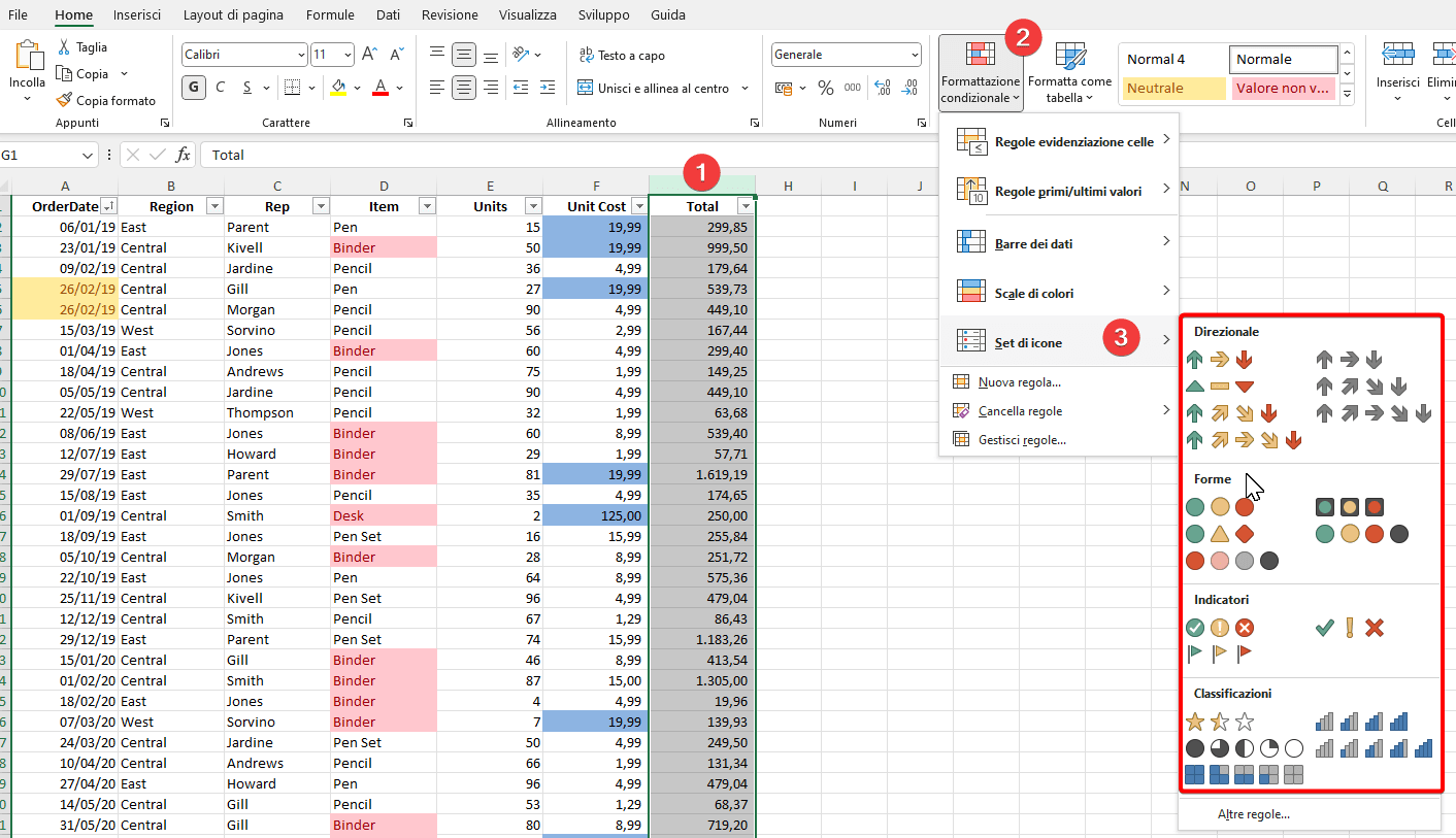 Menu formattazione condizionale Excel: set di icone.