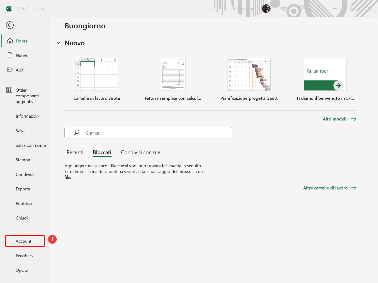 aprire menu Account in Excel