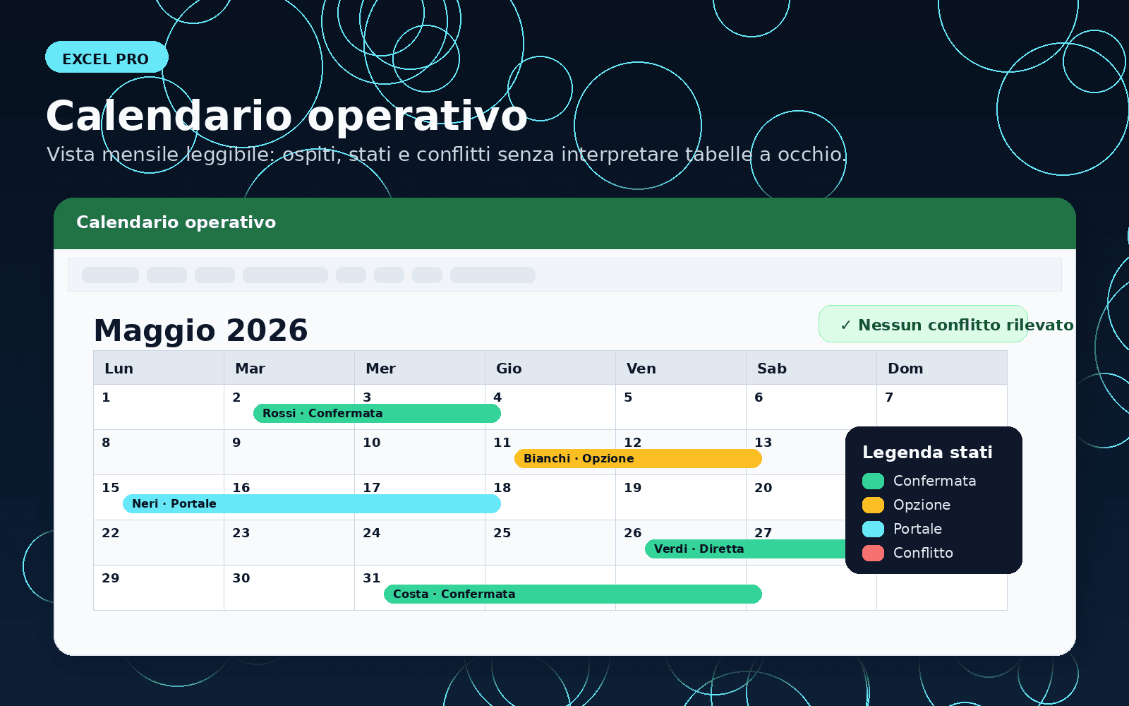 Mockup del calendario prenotazioni Pro in Excel con camere, ospiti e stati visibili