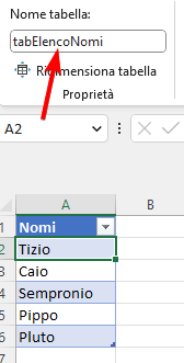 modificare nome tabella Excel