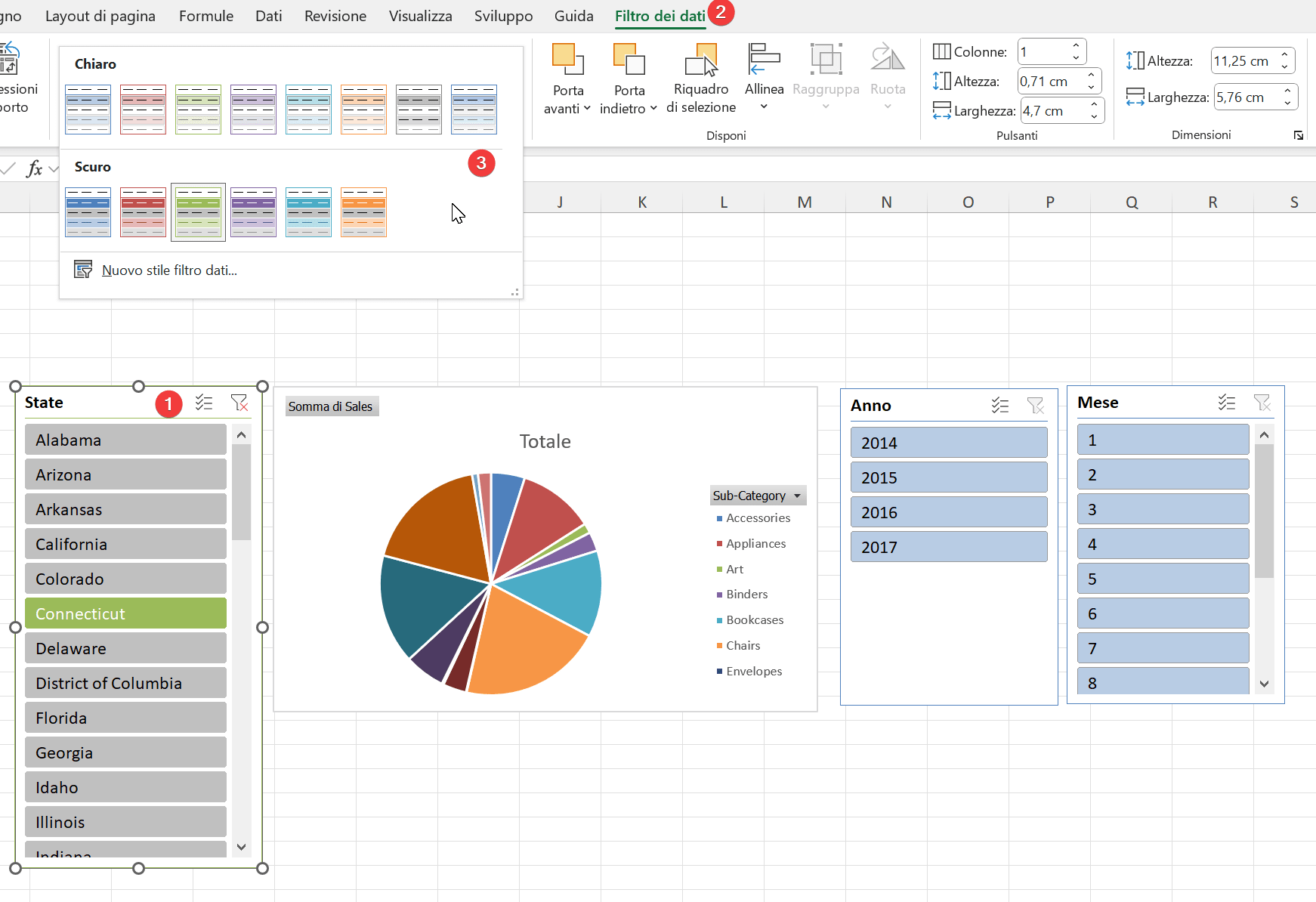 slicers in dashboard Excel, stile del filtro dati