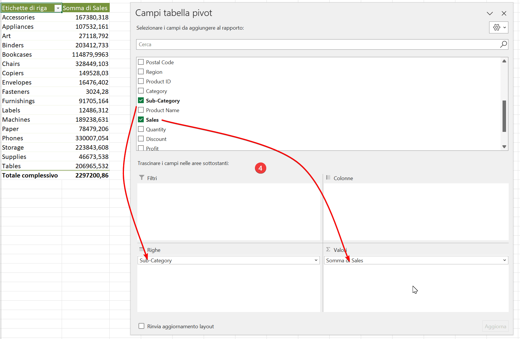 modifica tabella pivot con selezione campi