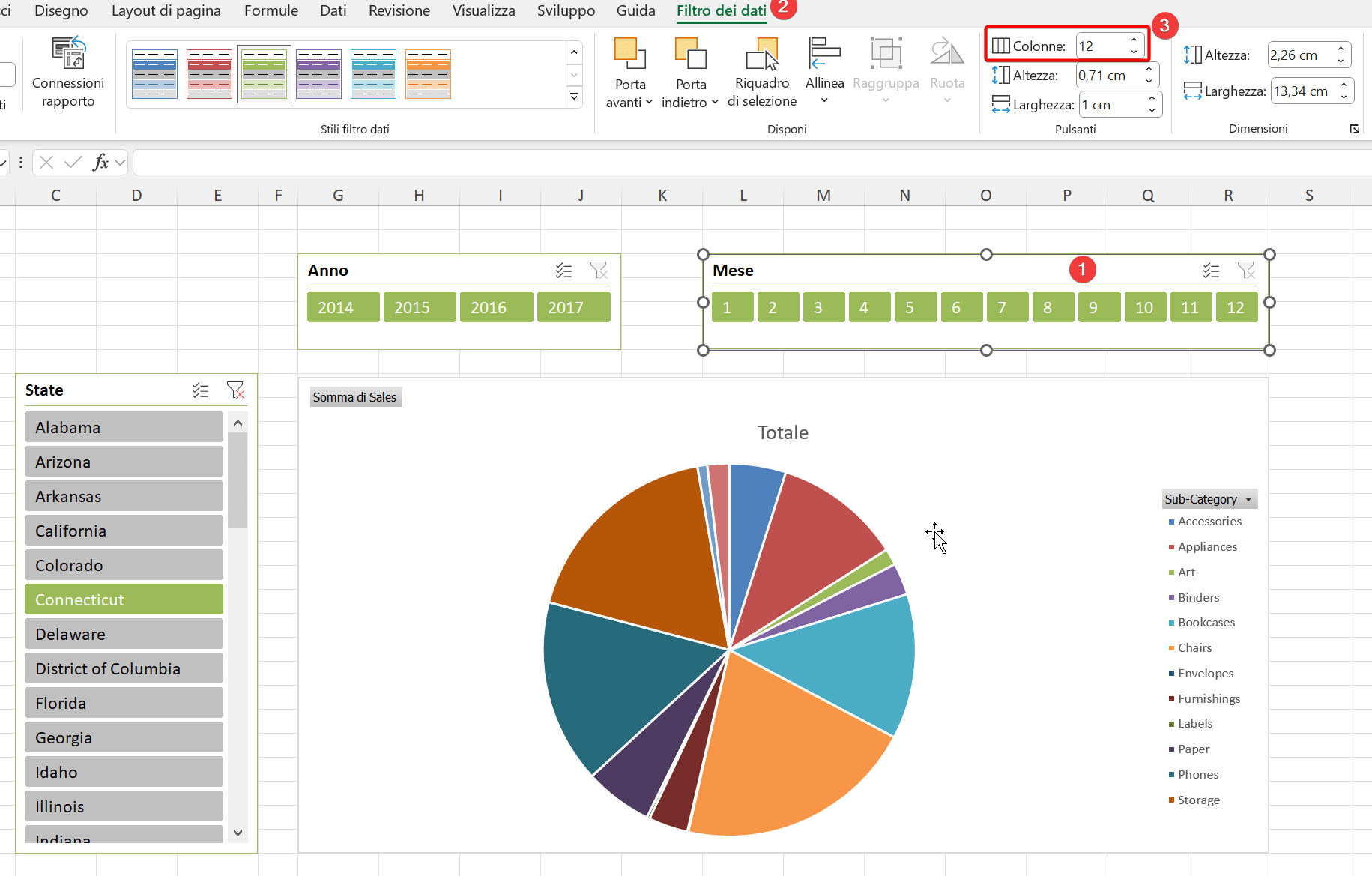 slicers in dashboard Excel, modifica numero colonne filtro dati