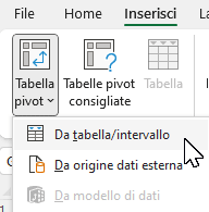 Menu inserisci tabella Pivot in Excel