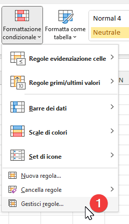 Menu per gestire le regole di formattazione condizionale Excel esistenti