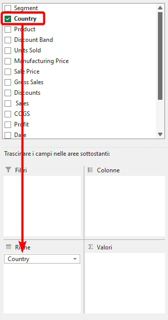 Selezionare un campo riga per la tabella Pivot in Excel
