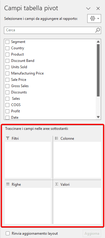 I quattro quadranti della tabella Pivot: righe, colonne, valori e filtri