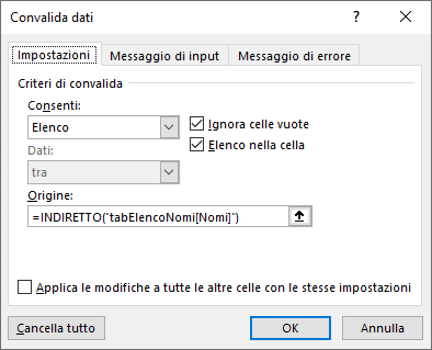 elenco a discesa da tabella excel