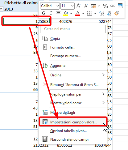 Impostazioni campo valore di una tabella Pivot in Excel