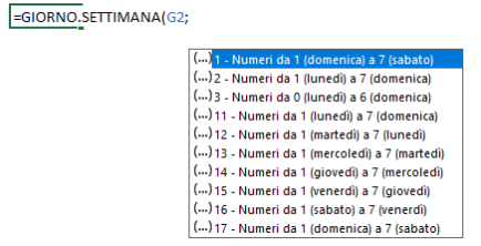 Formula GIORNO SETTIMANA in Excel